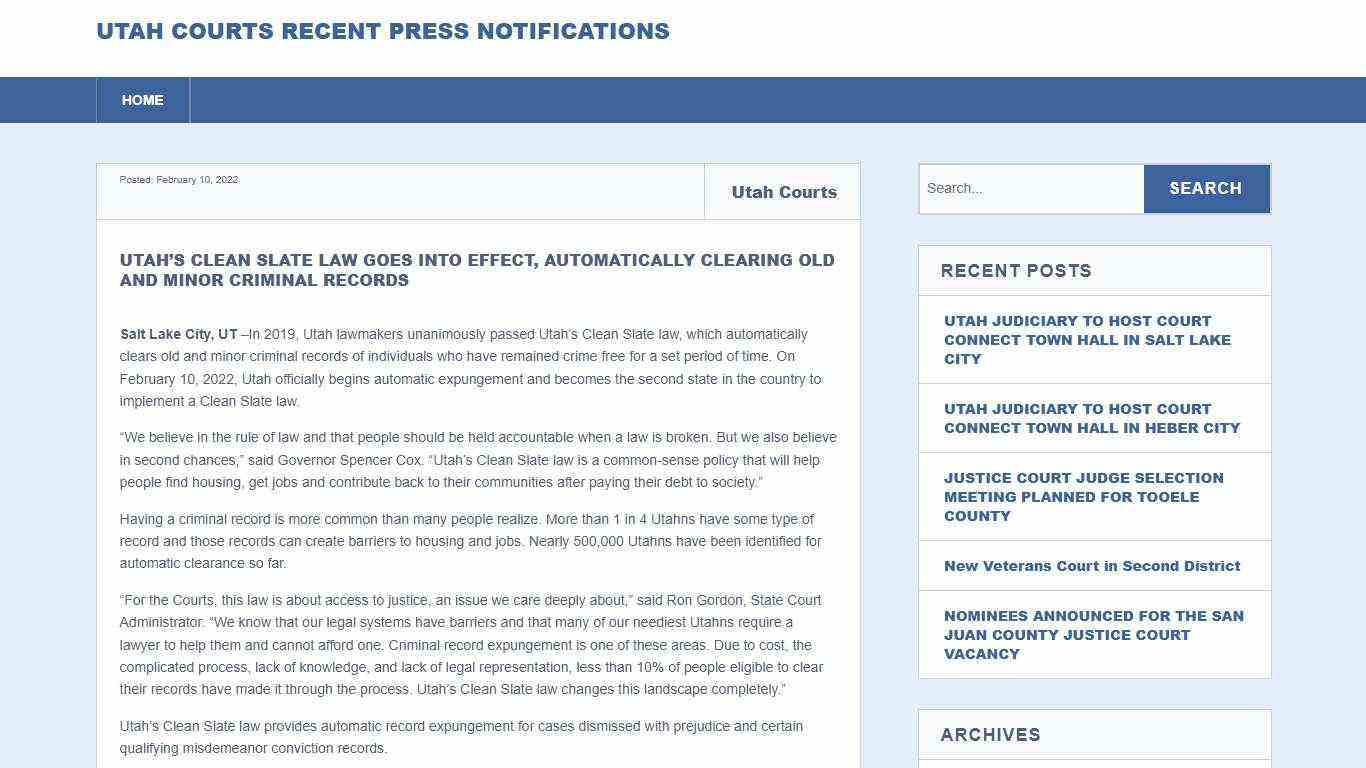 UTAH’S CLEAN SLATE LAW GOES INTO EFFECT, AUTOMATICALLY CLEARING OLD AND MINOR CRIMINAL RECORDS – Utah Courts Recent Press Notifications