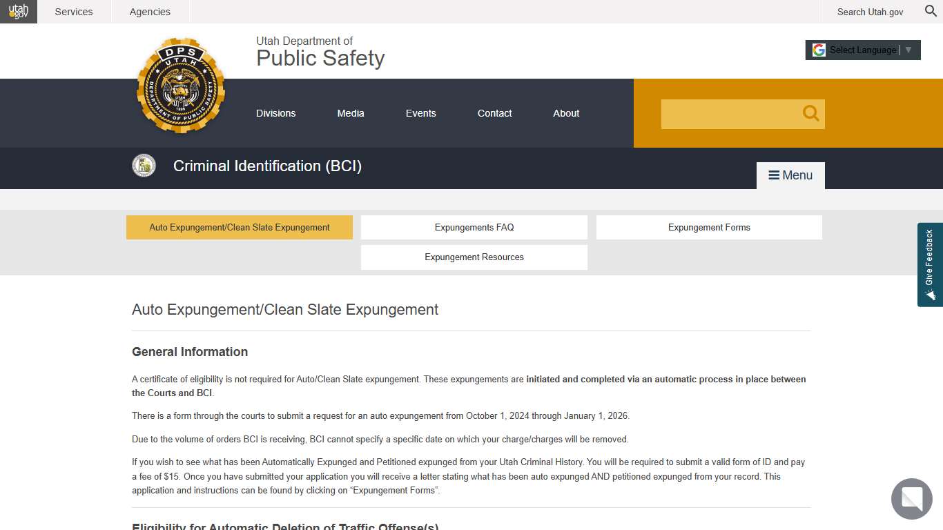 Auto Expungement/Clean Slate Expungement | DPS – Criminal Identification (BCI)